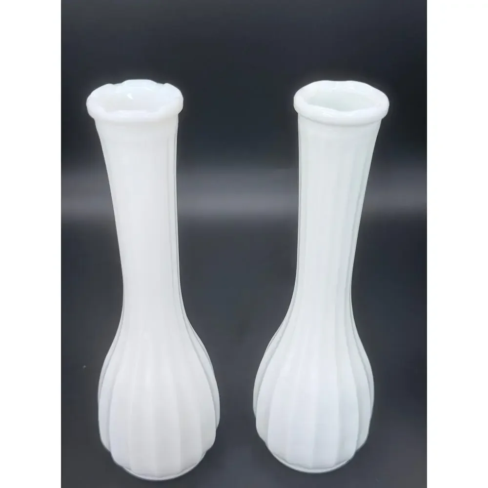 Vintage CLG Co Milk Glass Bud Vases Set of 2 Fluted Scalloped Rim 9.25in